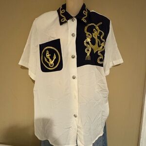 Westbound Nautical Short Sleeve Shirt - White and Black with Gold Accents